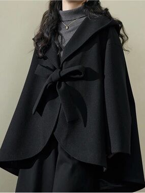 Black Bow-Tie Cape Coat with Hood